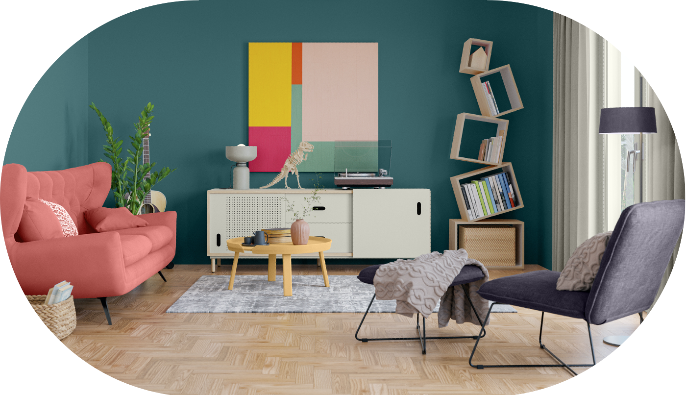 Tendances couleur Dulux 2025 3 ARTIFICES salon mur turquoise divan rose